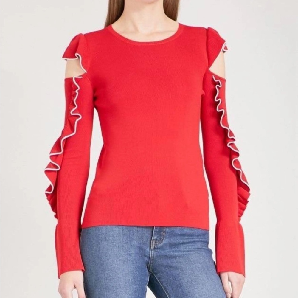 MAJE Cutout Ruffled-Sleeve Red and White Sweater